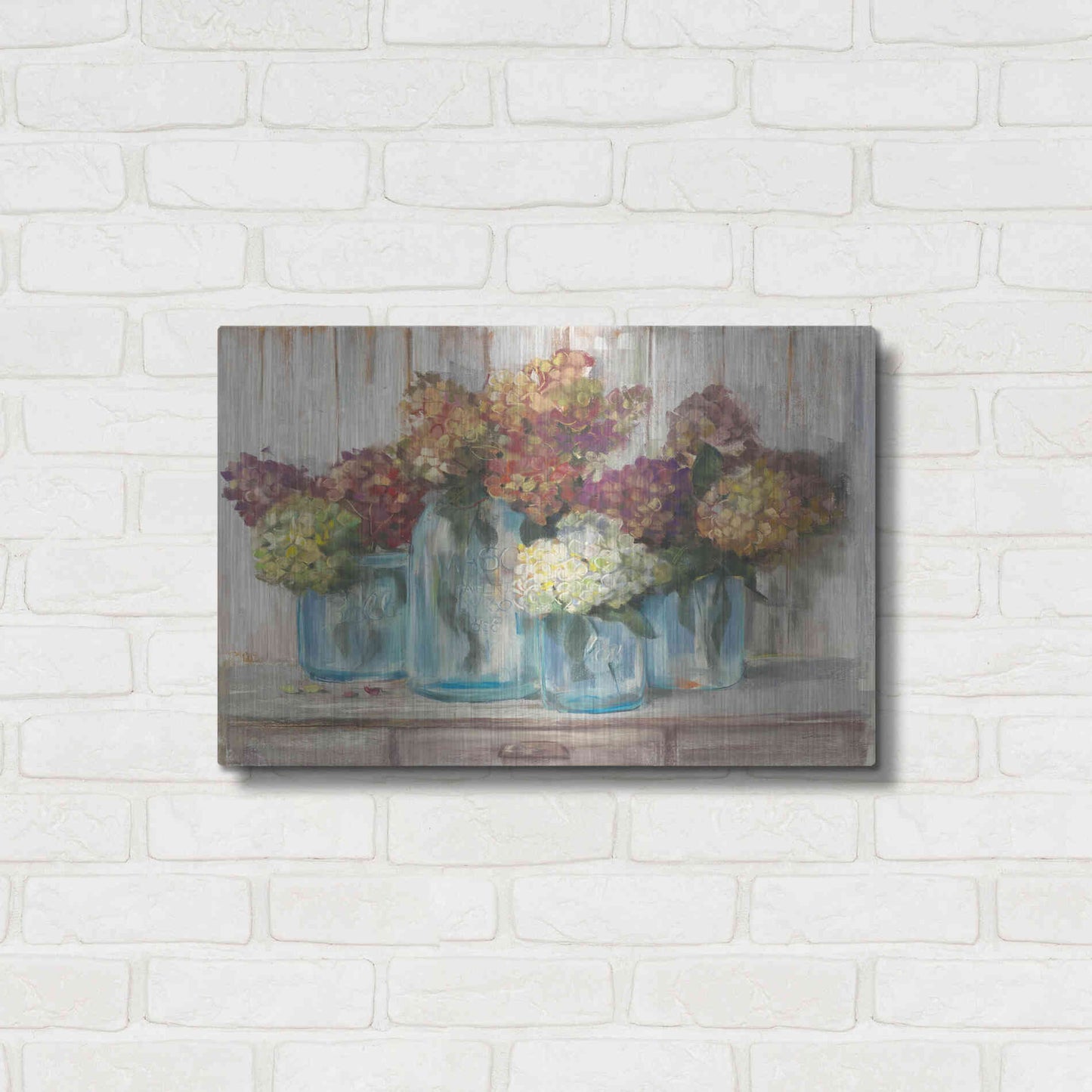Luxe Metal Art 'Hydrangeas In Glass Jars White Wood' by Carol Rowan, Metal Wall Art,24x16