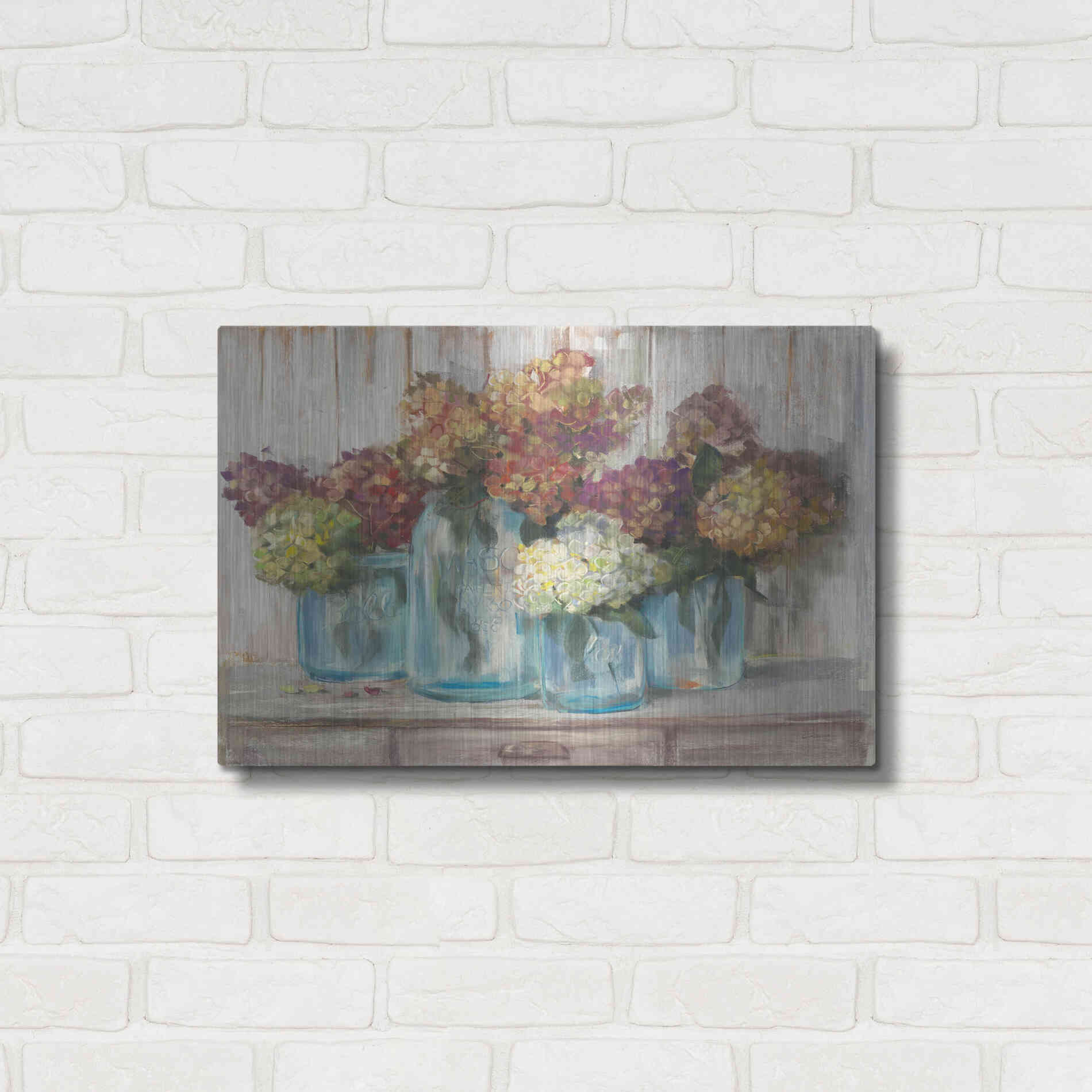 Luxe Metal Art 'Hydrangeas In Glass Jars White Wood' by Carol Rowan, Metal Wall Art,24x16