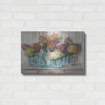 Luxe Metal Art 'Hydrangeas In Glass Jars White Wood' by Carol Rowan, Metal Wall Art,24x16