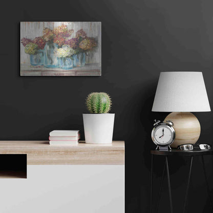 Luxe Metal Art 'Hydrangeas In Glass Jars White Wood' by Carol Rowan, Metal Wall Art,24x16