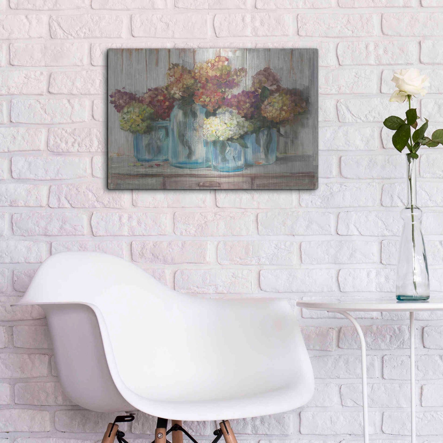 Luxe Metal Art 'Hydrangeas In Glass Jars White Wood' by Carol Rowan, Metal Wall Art,24x16