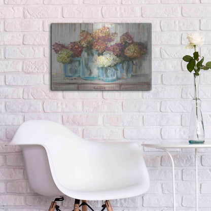Luxe Metal Art 'Hydrangeas In Glass Jars White Wood' by Carol Rowan, Metal Wall Art,24x16