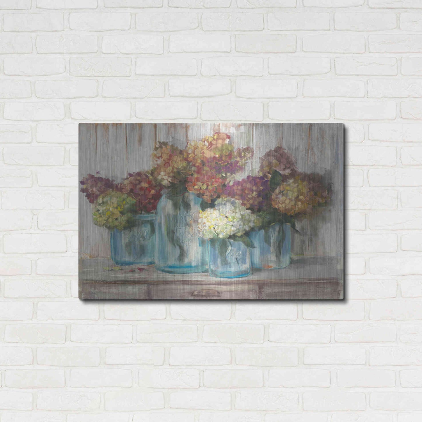 Luxe Metal Art 'Hydrangeas In Glass Jars White Wood' by Carol Rowan, Metal Wall Art,36x24