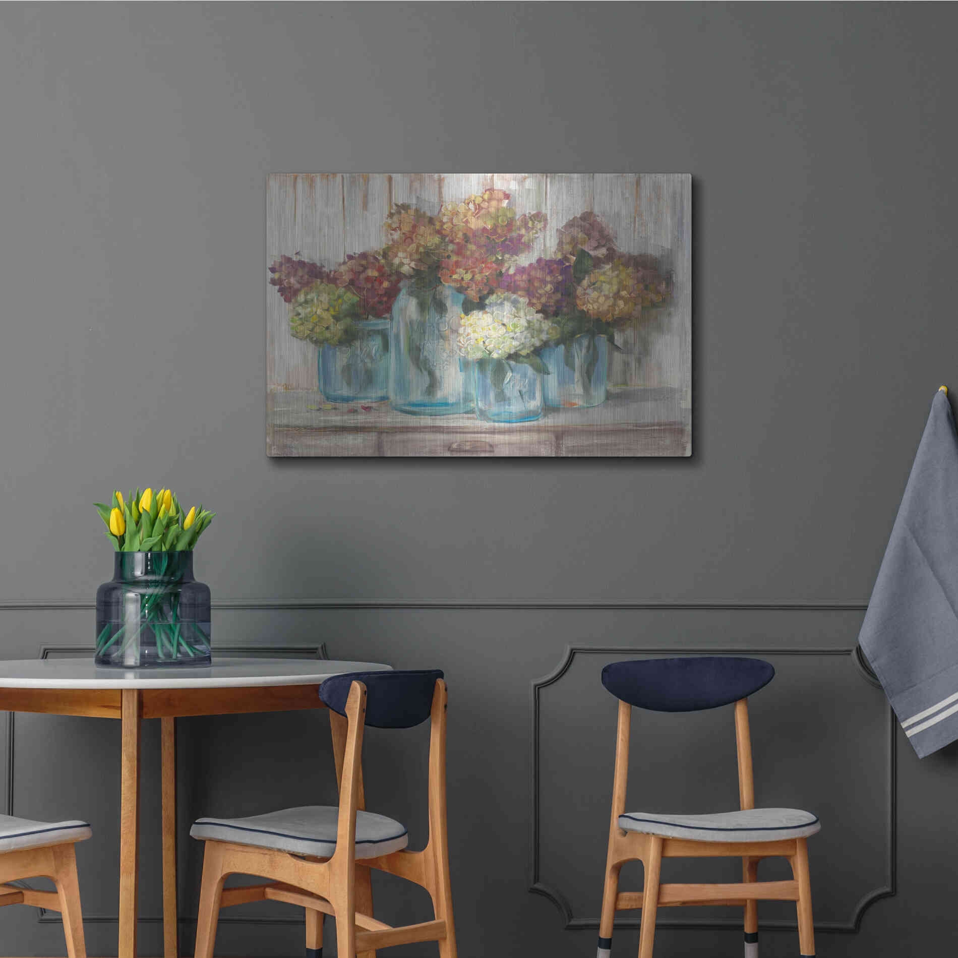 Luxe Metal Art 'Hydrangeas In Glass Jars White Wood' by Carol Rowan, Metal Wall Art,36x24
