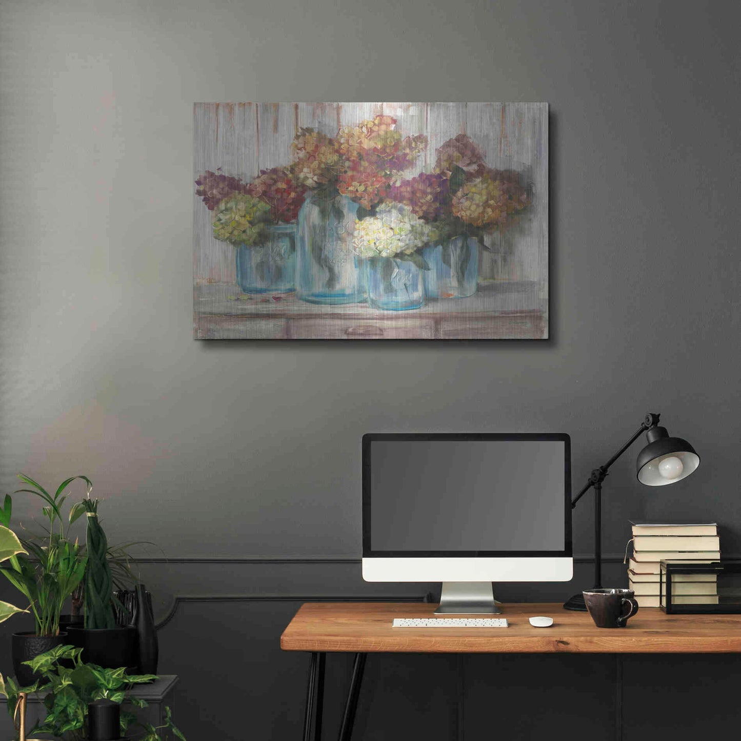 Luxe Metal Art 'Hydrangeas In Glass Jars White Wood' by Carol Rowan, Metal Wall Art,36x24