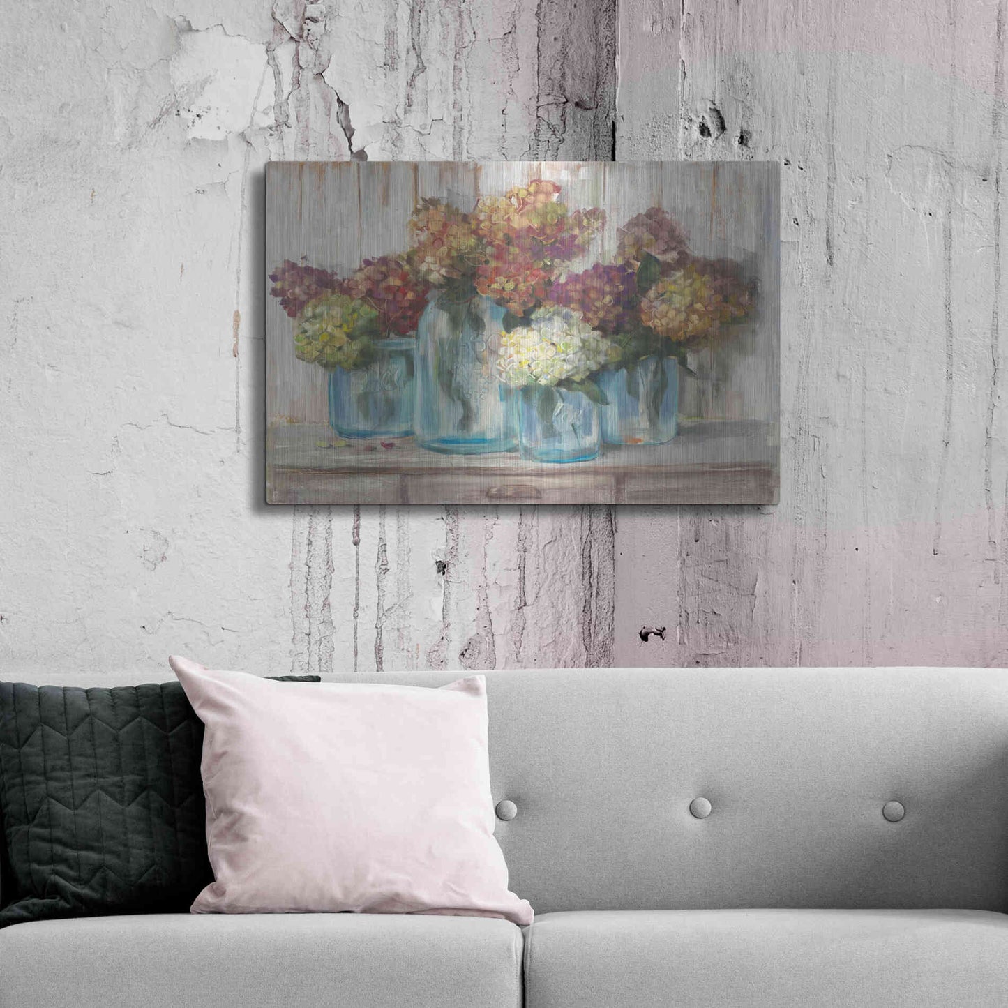 Luxe Metal Art 'Hydrangeas In Glass Jars White Wood' by Carol Rowan, Metal Wall Art,36x24