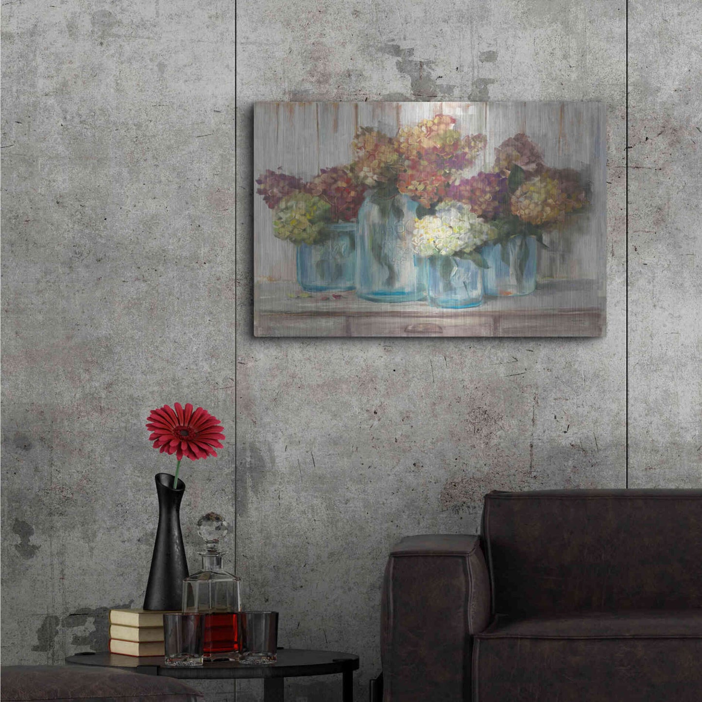Luxe Metal Art 'Hydrangeas In Glass Jars White Wood' by Carol Rowan, Metal Wall Art,36x24