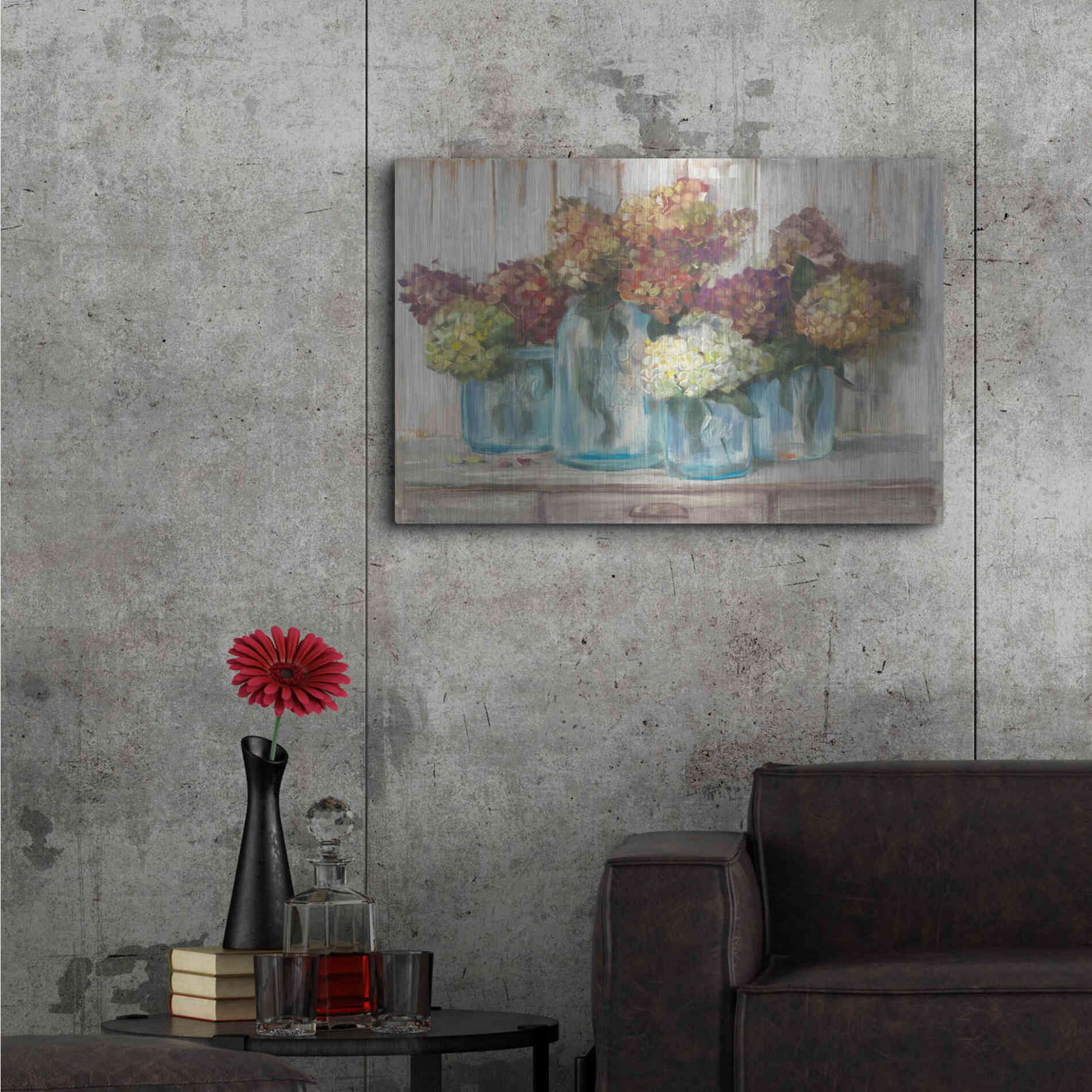 Luxe Metal Art 'Hydrangeas In Glass Jars White Wood' by Carol Rowan, Metal Wall Art,36x24