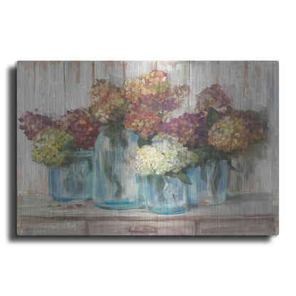 Luxe Metal Art 'Hydrangeas In Glass Jars White Wood' by Carol Rowan, Metal Wall Art