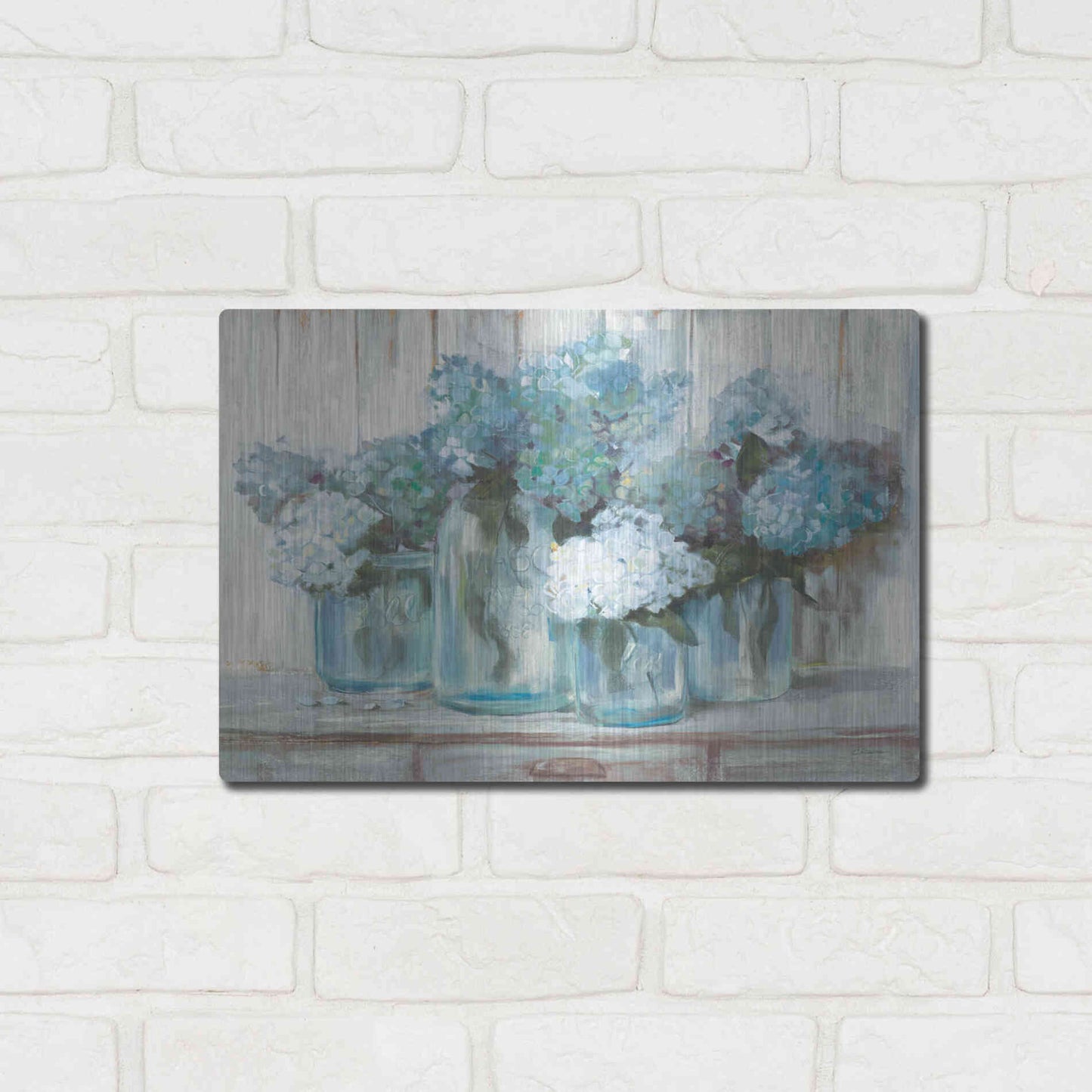 Luxe Metal Art 'Hydrangeas In Glass Jars Blue' by Carol Rowan, Metal Wall Art,16x12