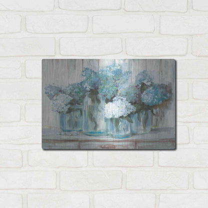 Luxe Metal Art 'Hydrangeas In Glass Jars Blue' by Carol Rowan, Metal Wall Art,16x12