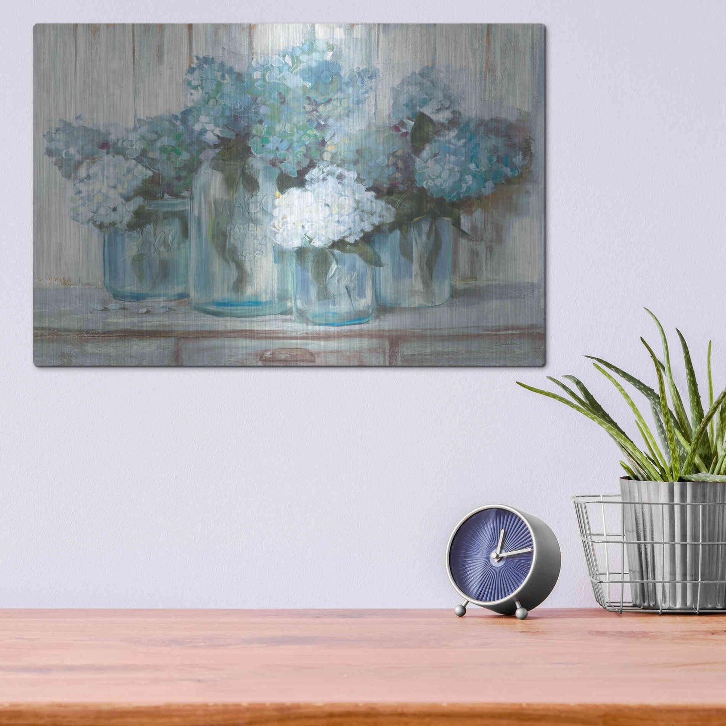 Luxe Metal Art 'Hydrangeas In Glass Jars Blue' by Carol Rowan, Metal Wall Art,16x12