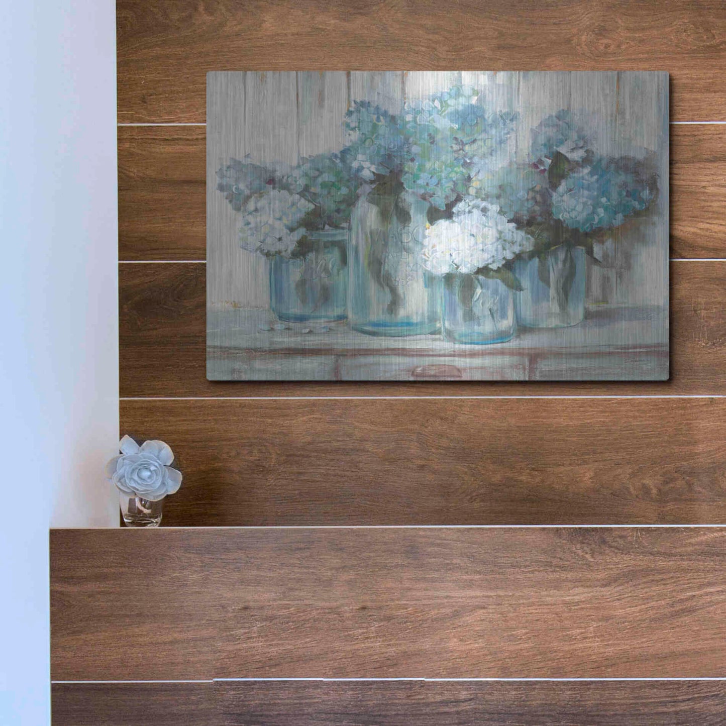 Luxe Metal Art 'Hydrangeas In Glass Jars Blue' by Carol Rowan, Metal Wall Art,16x12