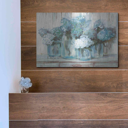 Luxe Metal Art 'Hydrangeas In Glass Jars Blue' by Carol Rowan, Metal Wall Art,16x12