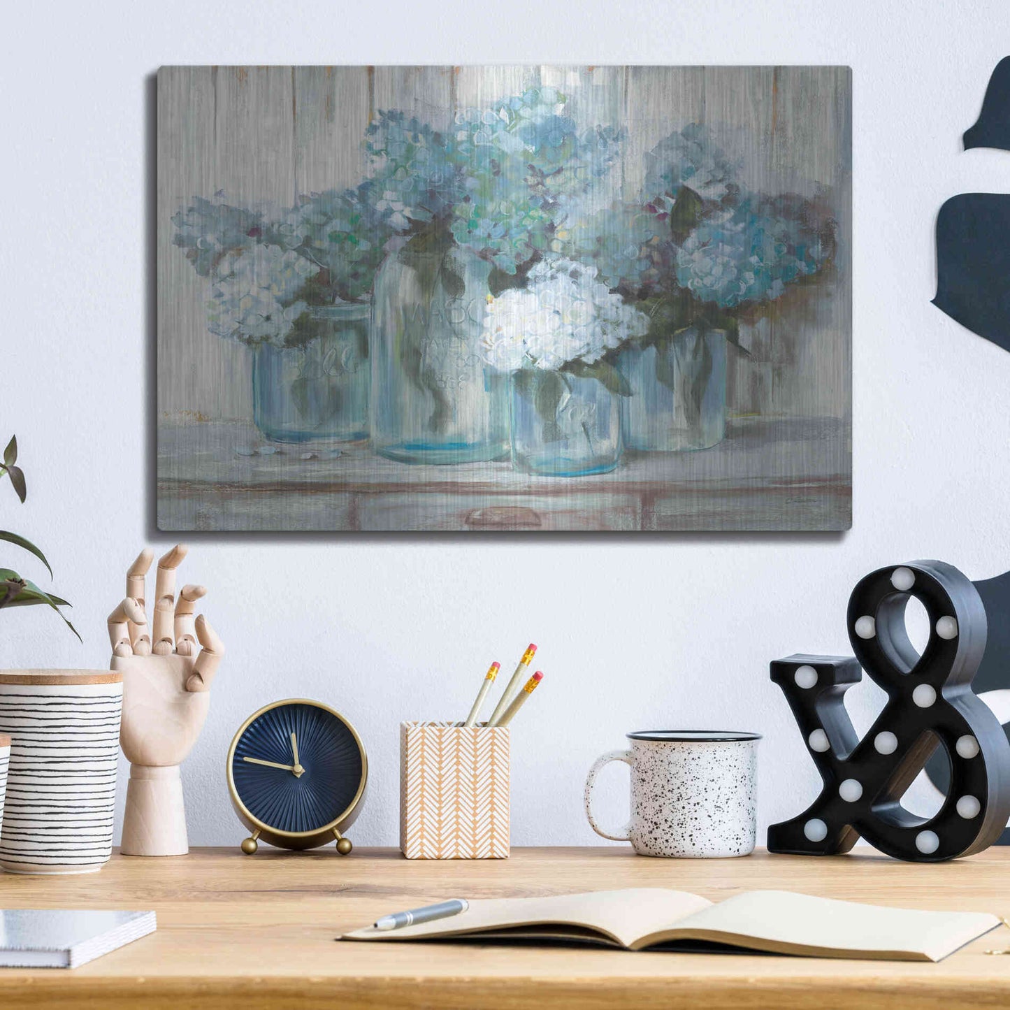 Luxe Metal Art 'Hydrangeas In Glass Jars Blue' by Carol Rowan, Metal Wall Art,16x12