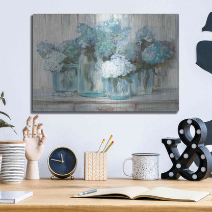 Luxe Metal Art 'Hydrangeas In Glass Jars Blue' by Carol Rowan, Metal Wall Art,16x12