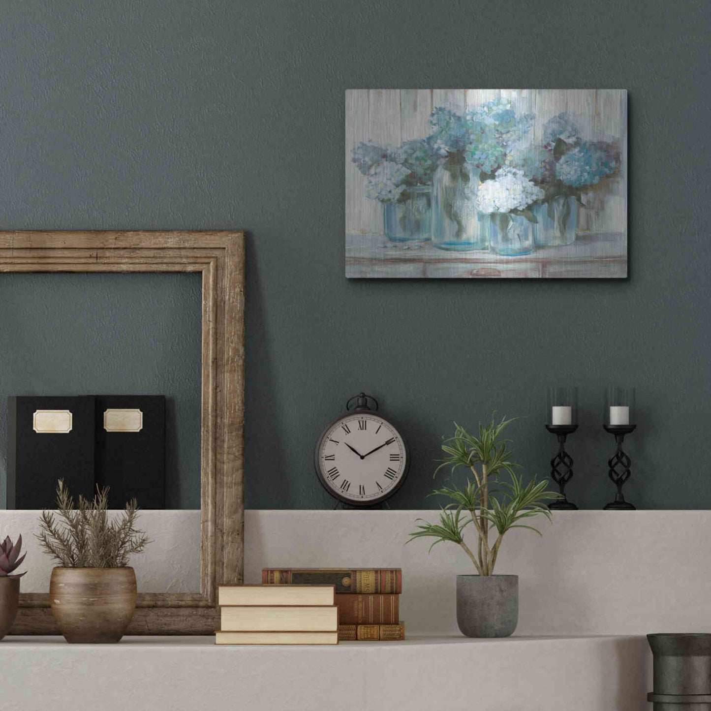 Luxe Metal Art 'Hydrangeas In Glass Jars Blue' by Carol Rowan, Metal Wall Art,16x12