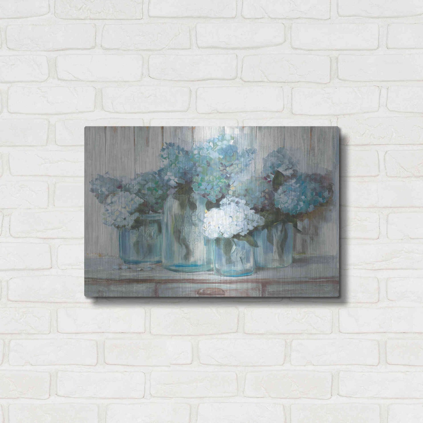 Luxe Metal Art 'Hydrangeas In Glass Jars Blue' by Carol Rowan, Metal Wall Art,24x16