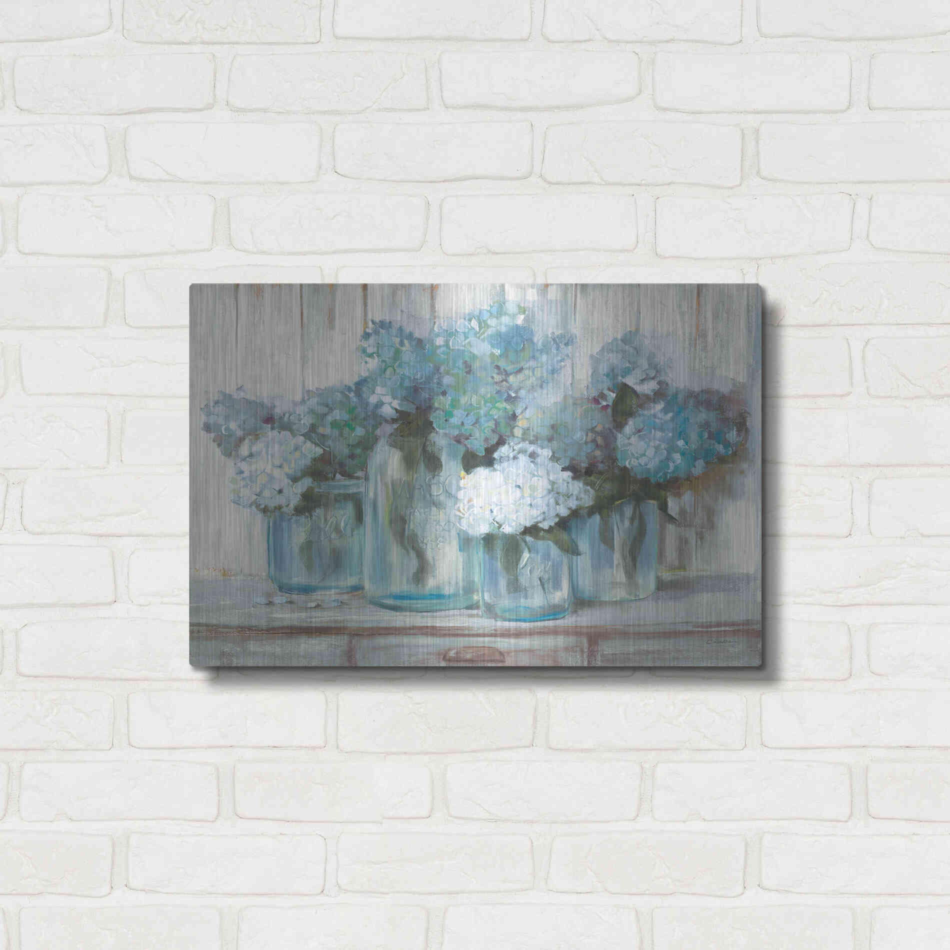 Luxe Metal Art 'Hydrangeas In Glass Jars Blue' by Carol Rowan, Metal Wall Art,24x16