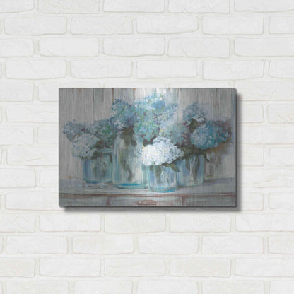 Luxe Metal Art 'Hydrangeas In Glass Jars Blue' by Carol Rowan, Metal Wall Art,24x16
