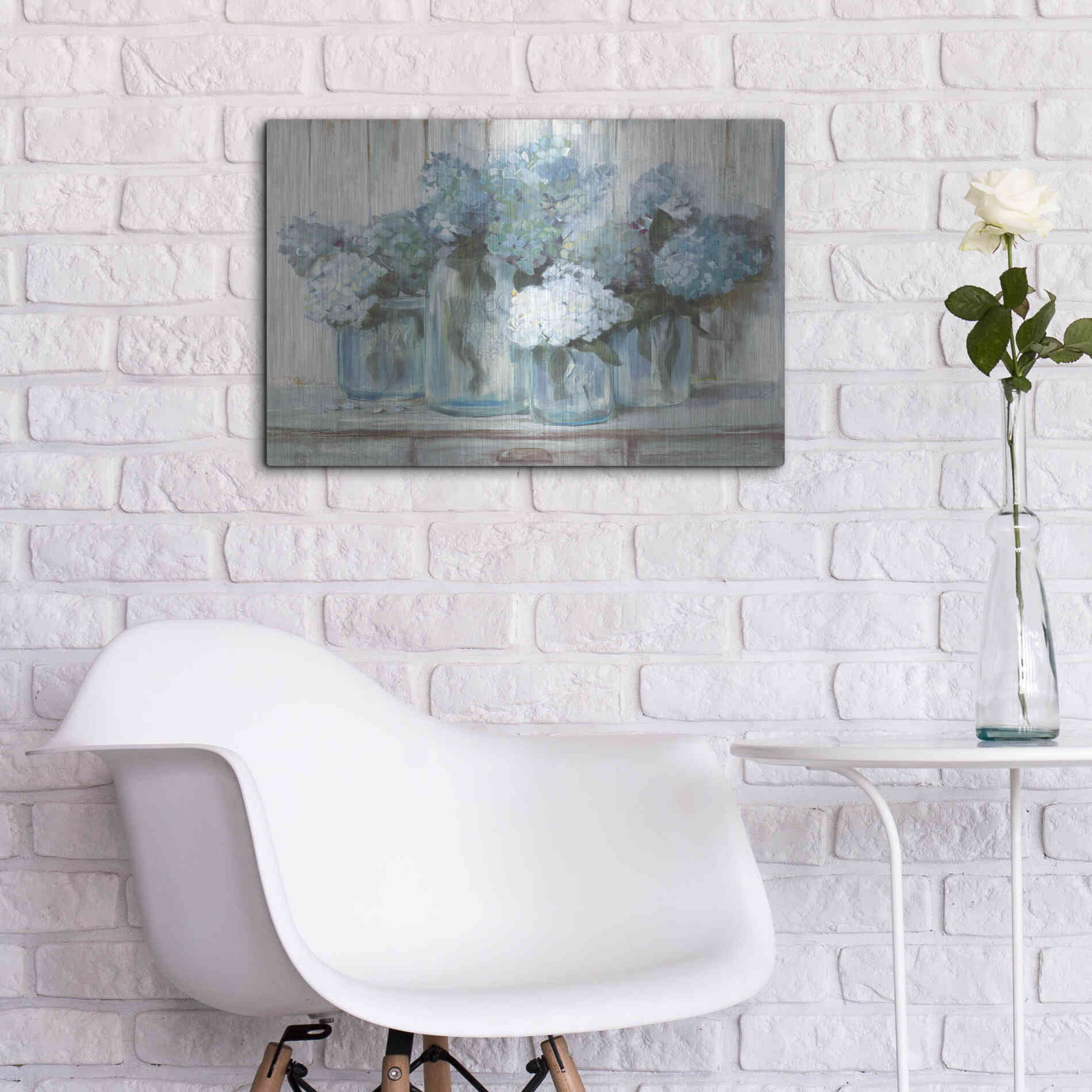 Luxe Metal Art 'Hydrangeas In Glass Jars Blue' by Carol Rowan, Metal Wall Art,24x16