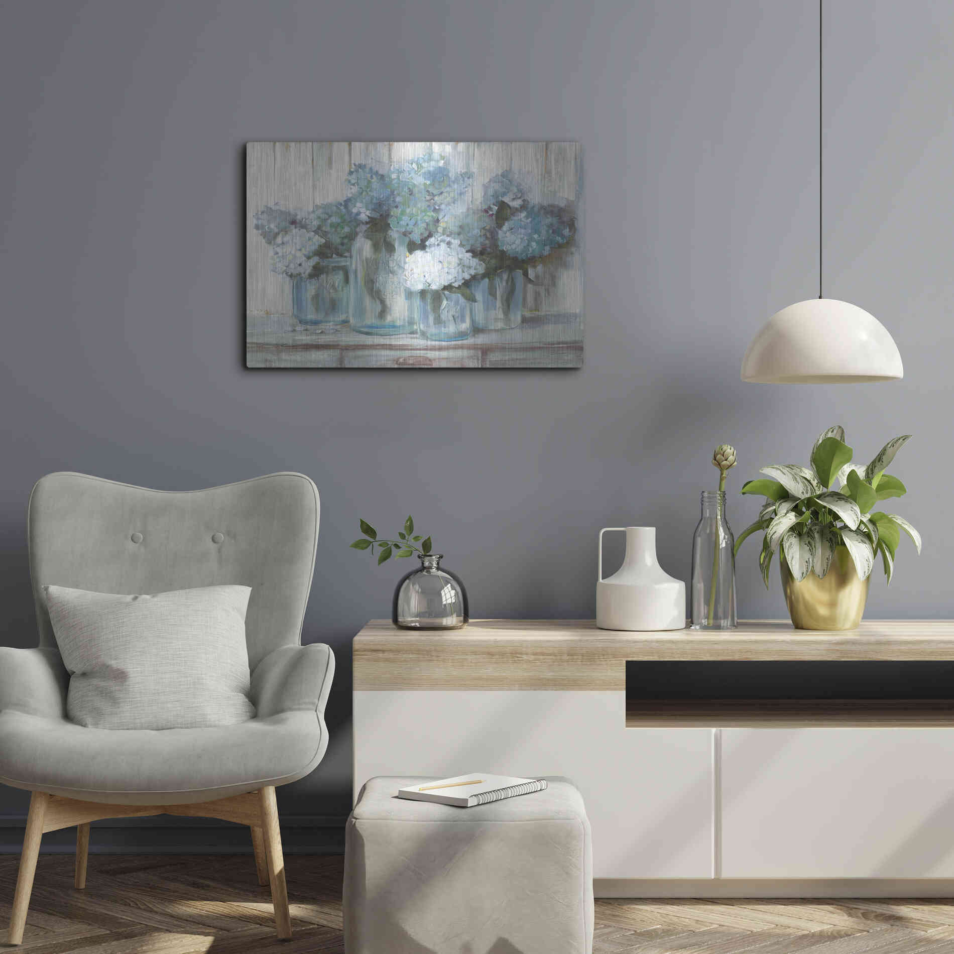 Luxe Metal Art 'Hydrangeas In Glass Jars Blue' by Carol Rowan, Metal Wall Art,24x16