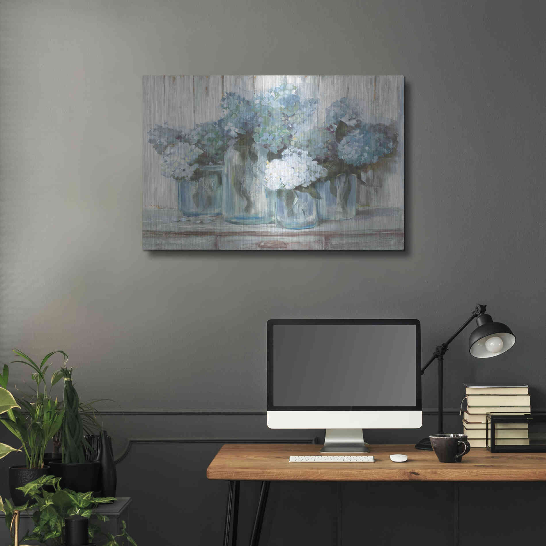 Luxe Metal Art 'Hydrangeas In Glass Jars Blue' by Carol Rowan, Metal Wall Art,36x24