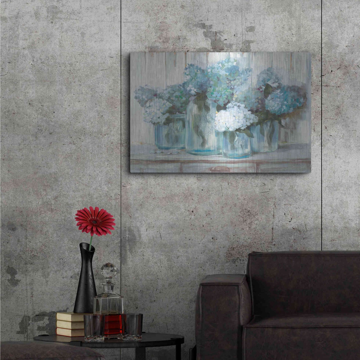 Luxe Metal Art 'Hydrangeas In Glass Jars Blue' by Carol Rowan, Metal Wall Art,36x24