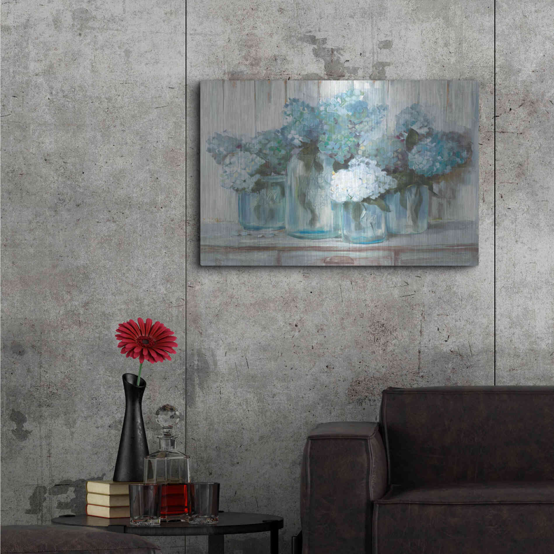 Luxe Metal Art 'Hydrangeas In Glass Jars Blue' by Carol Rowan, Metal Wall Art,36x24