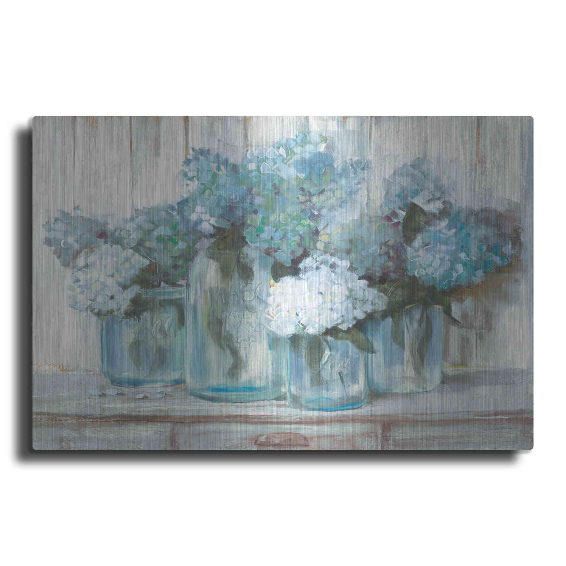 Luxe Metal Art 'Hydrangeas In Glass Jars Blue' by Carol Rowan, Metal Wall Art