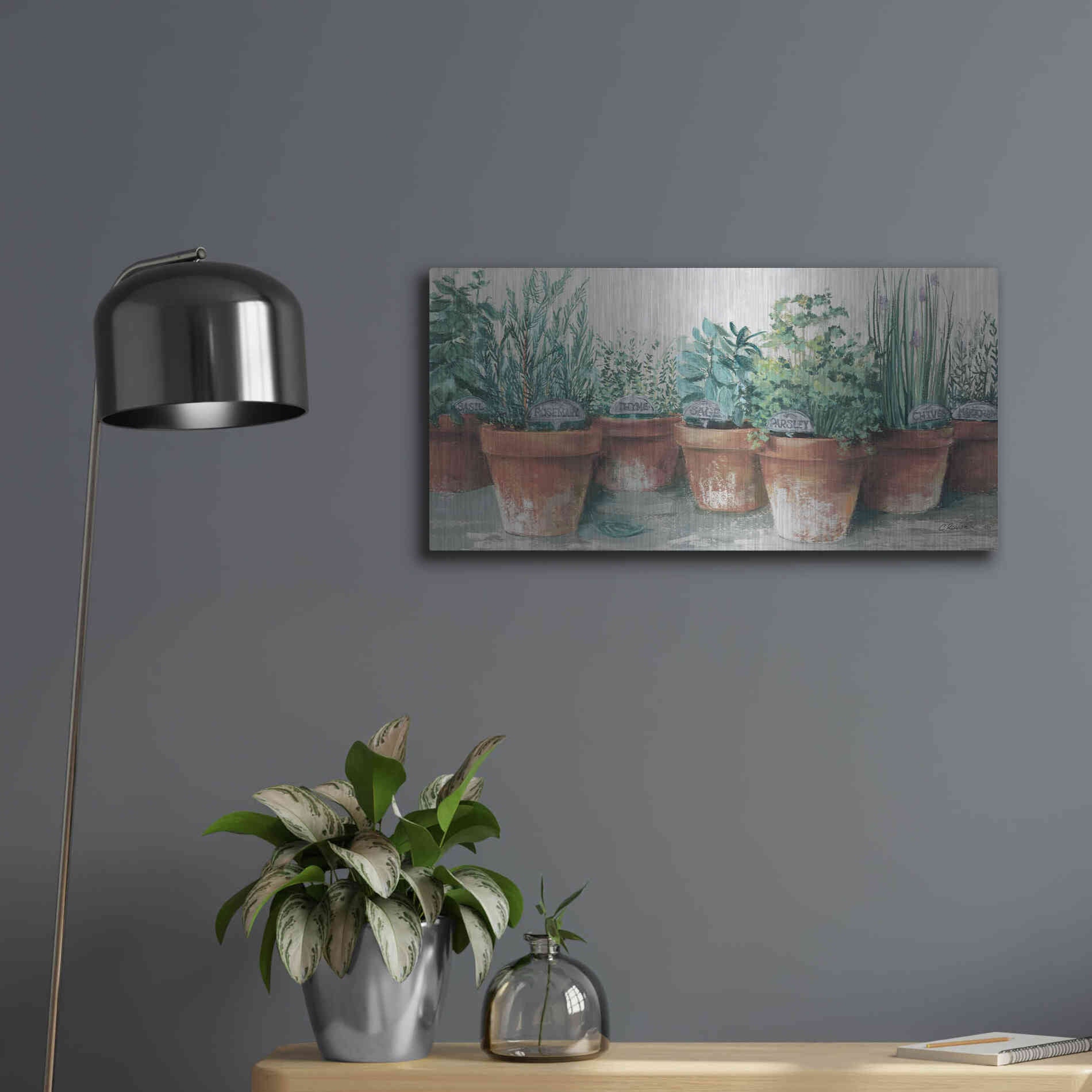 Luxe Metal Art 'Pots Of Herbs II Cottage' by Carol Rowan, Metal Wall Art,24x12