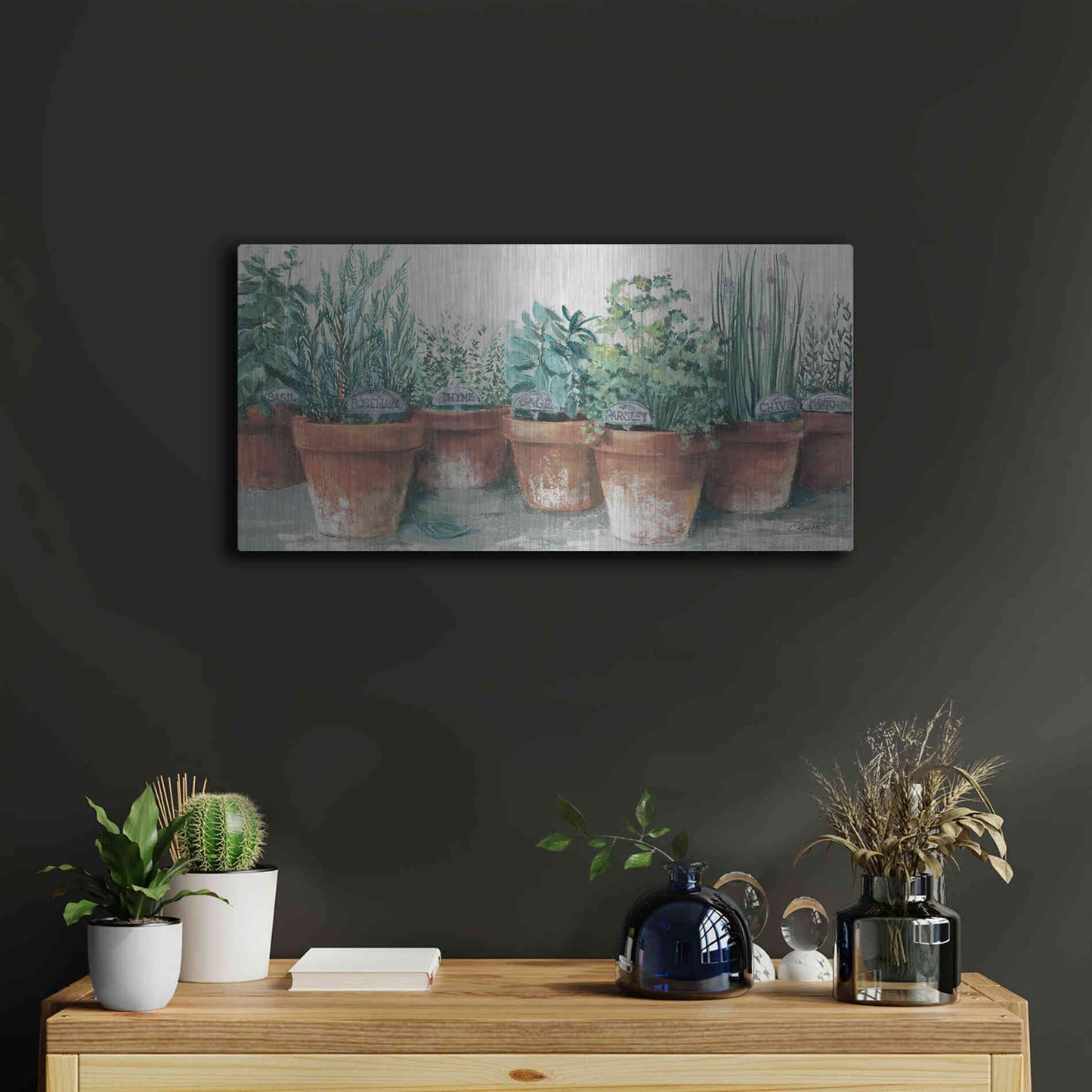 Luxe Metal Art 'Pots Of Herbs II Cottage' by Carol Rowan, Metal Wall Art,24x12