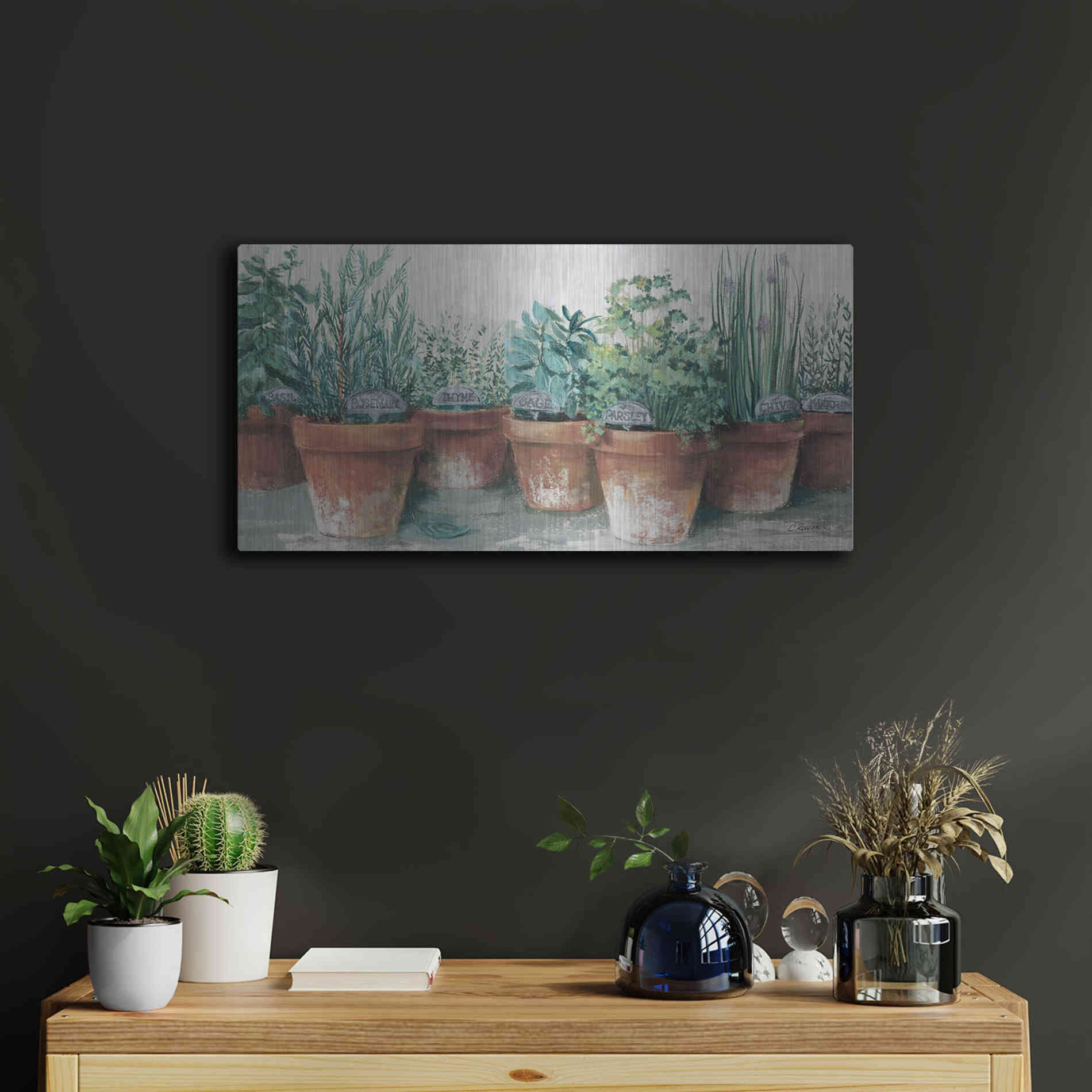 Luxe Metal Art 'Pots Of Herbs II Cottage' by Carol Rowan, Metal Wall Art,24x12