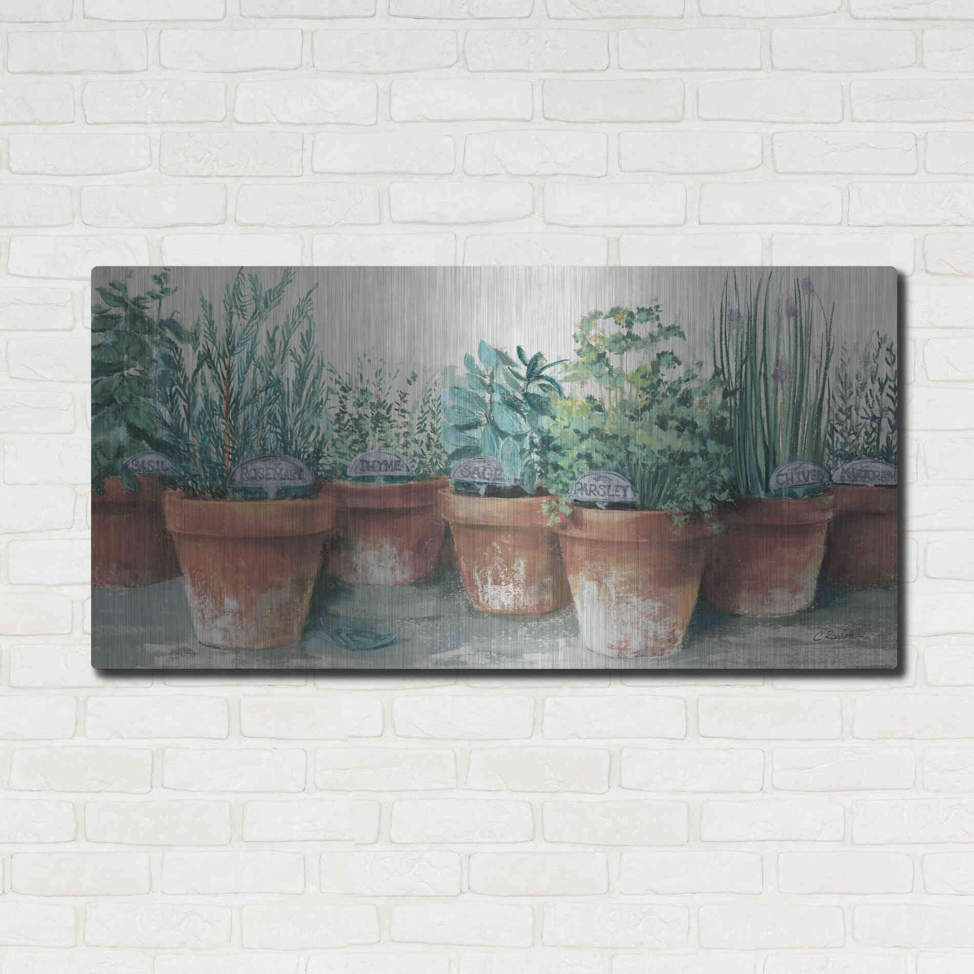 Luxe Metal Art 'Pots Of Herbs II Cottage' by Carol Rowan, Metal Wall Art,48x24