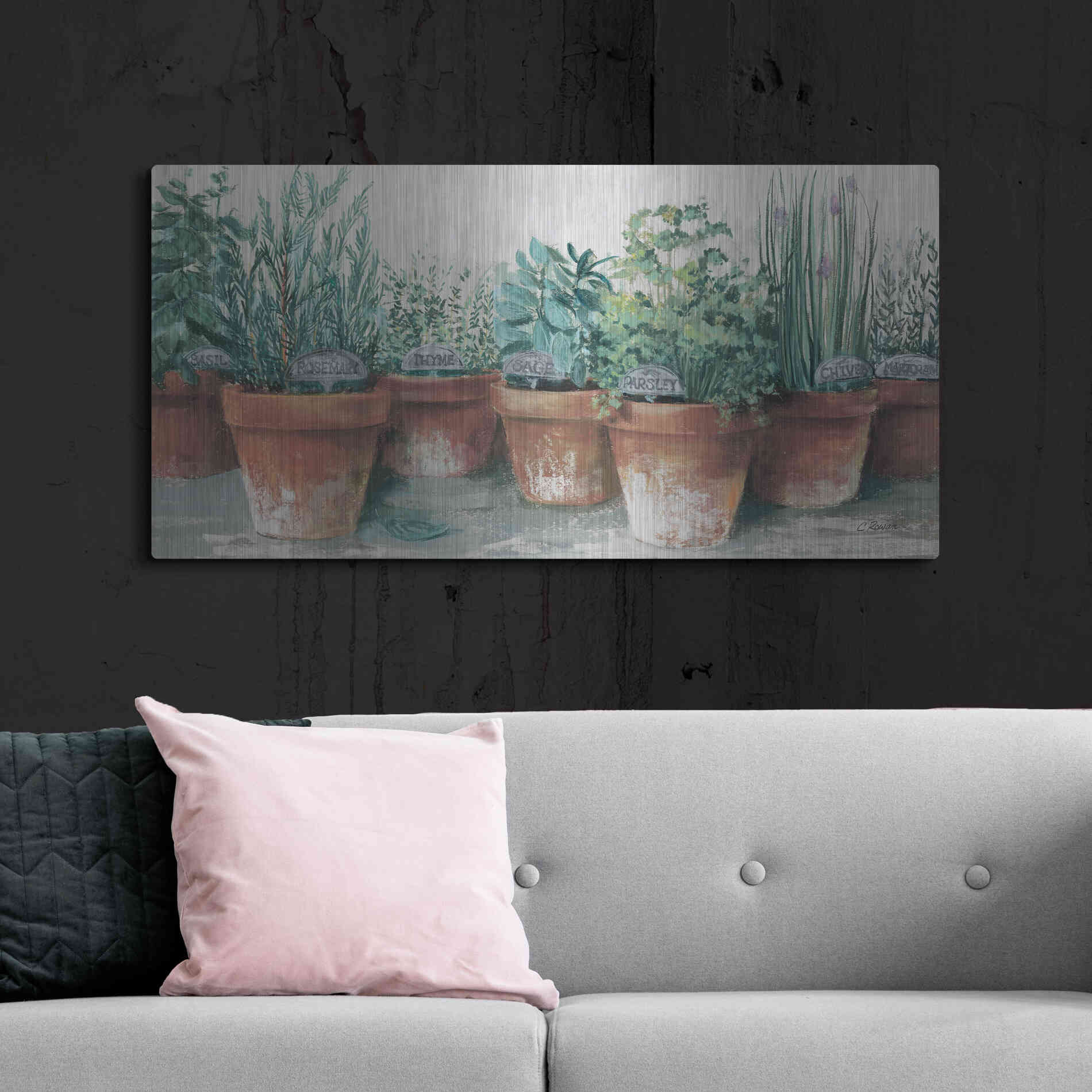 Luxe Metal Art 'Pots Of Herbs II Cottage' by Carol Rowan, Metal Wall Art,48x24