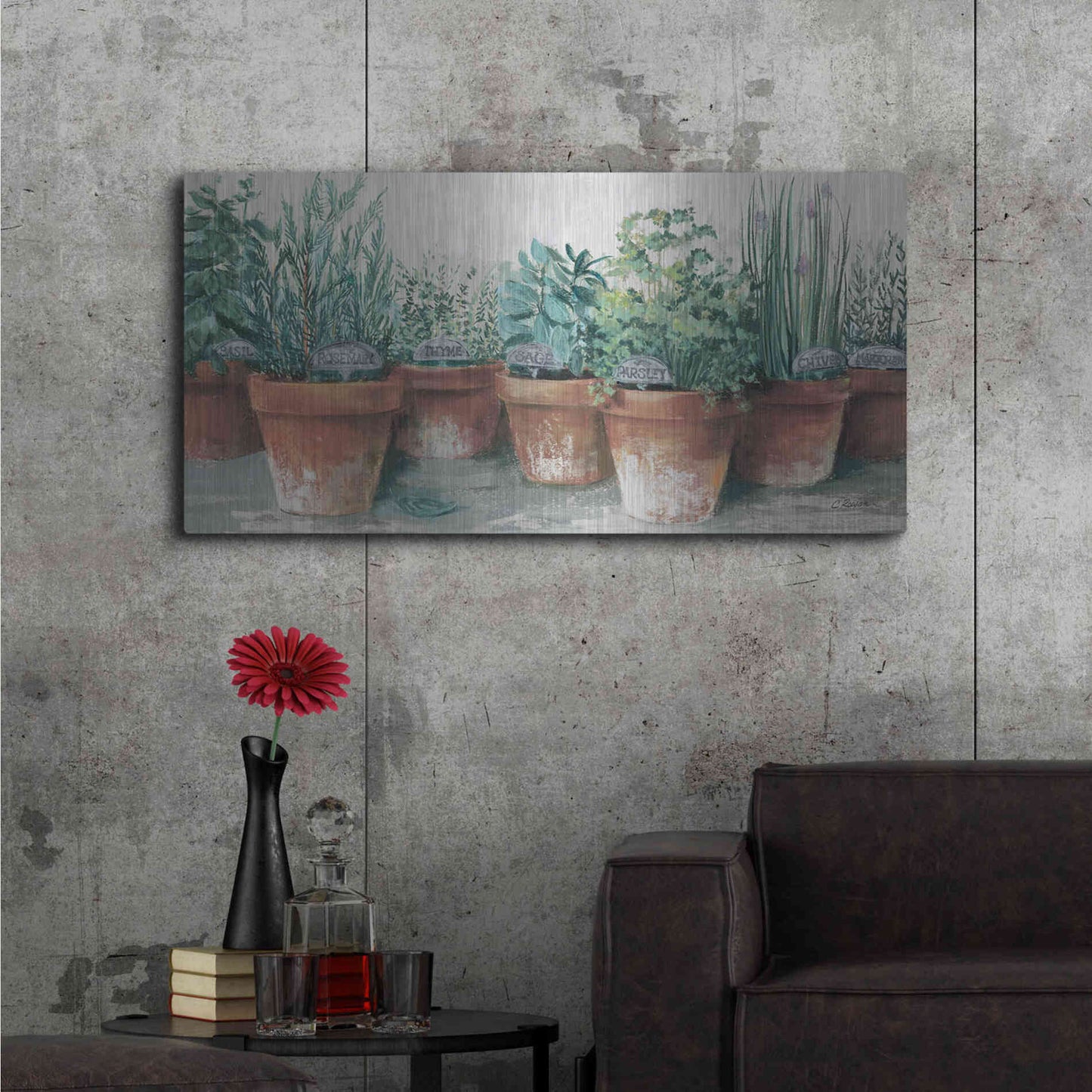 Luxe Metal Art 'Pots Of Herbs II Cottage' by Carol Rowan, Metal Wall Art,48x24