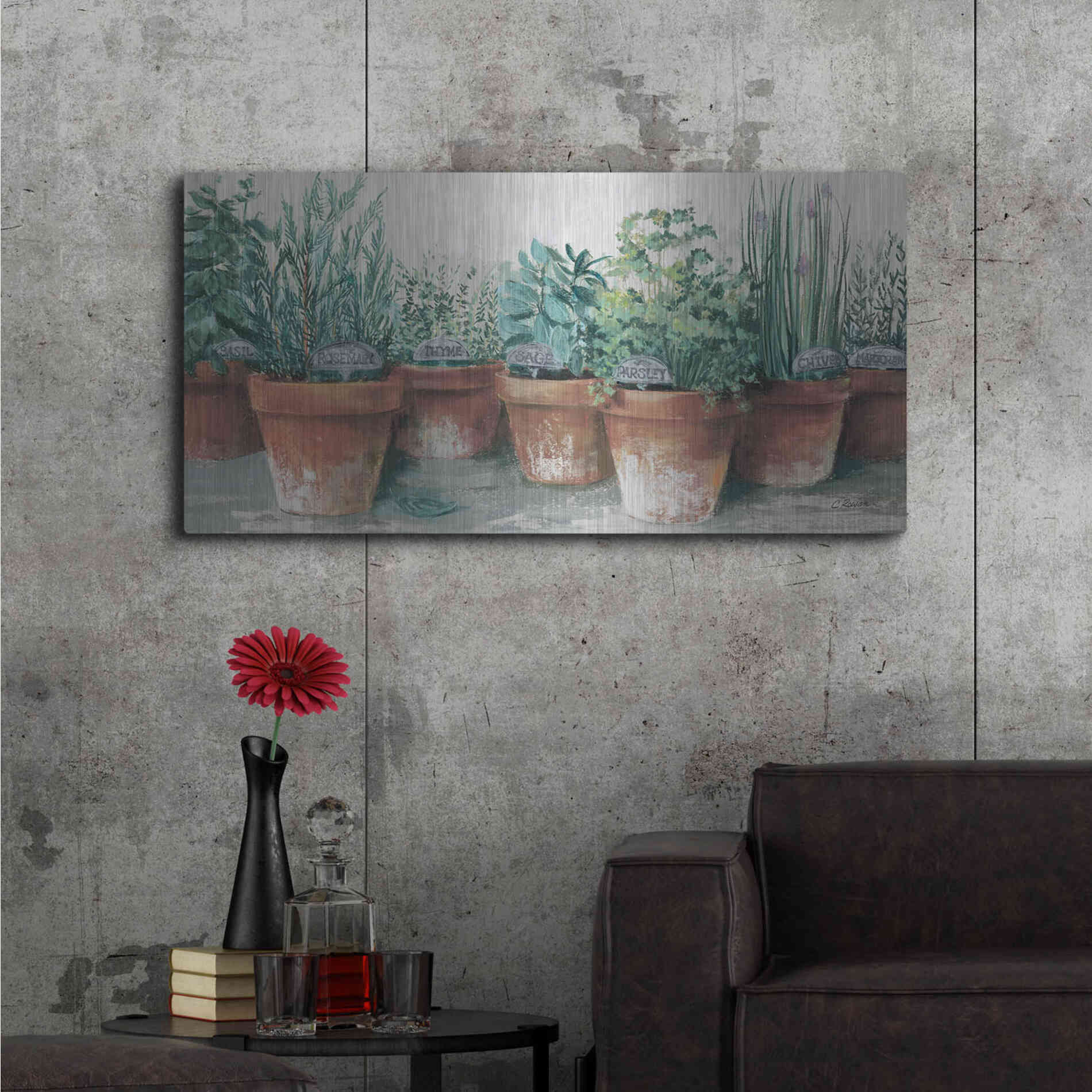 Luxe Metal Art 'Pots Of Herbs II Cottage' by Carol Rowan, Metal Wall Art,48x24