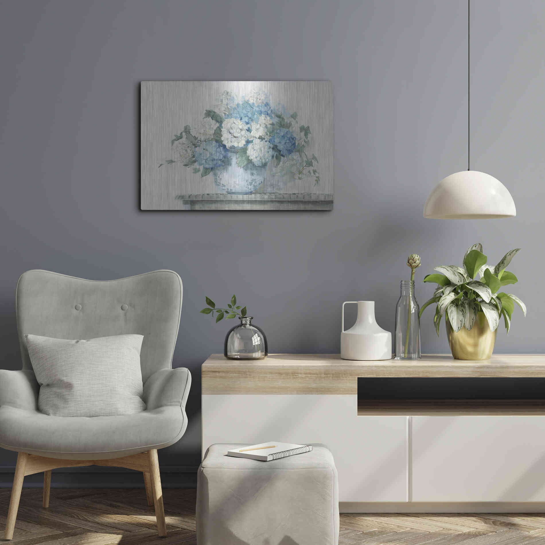 Luxe Metal Art 'Blue Hydrangea Cottage Crop' by Carol Rowan, Metal Wall Art,24x16