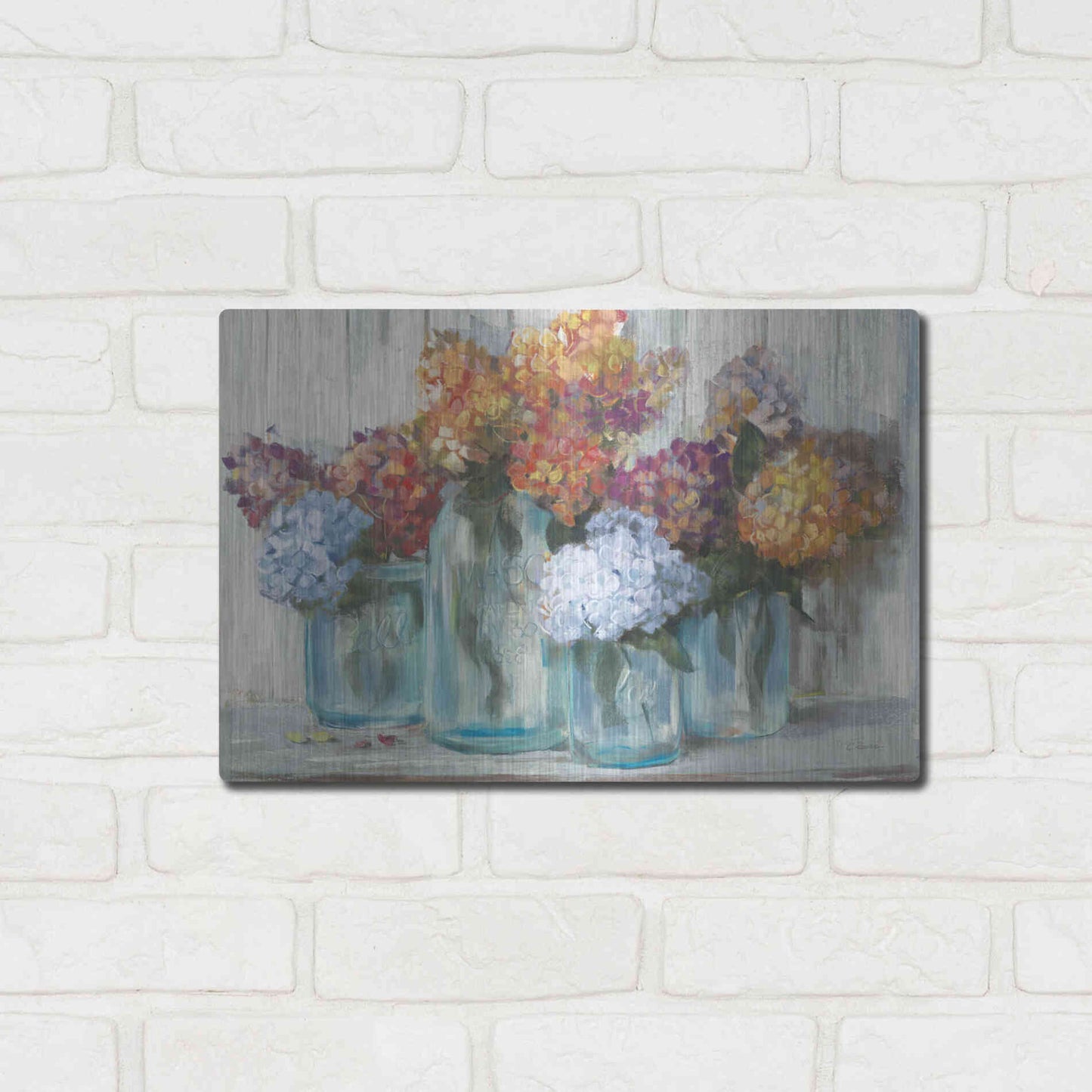 Luxe Metal Art 'Fall Hydrangeas In Glass Jar Crop' by Carol Rowan, Metal Wall Art,16x12