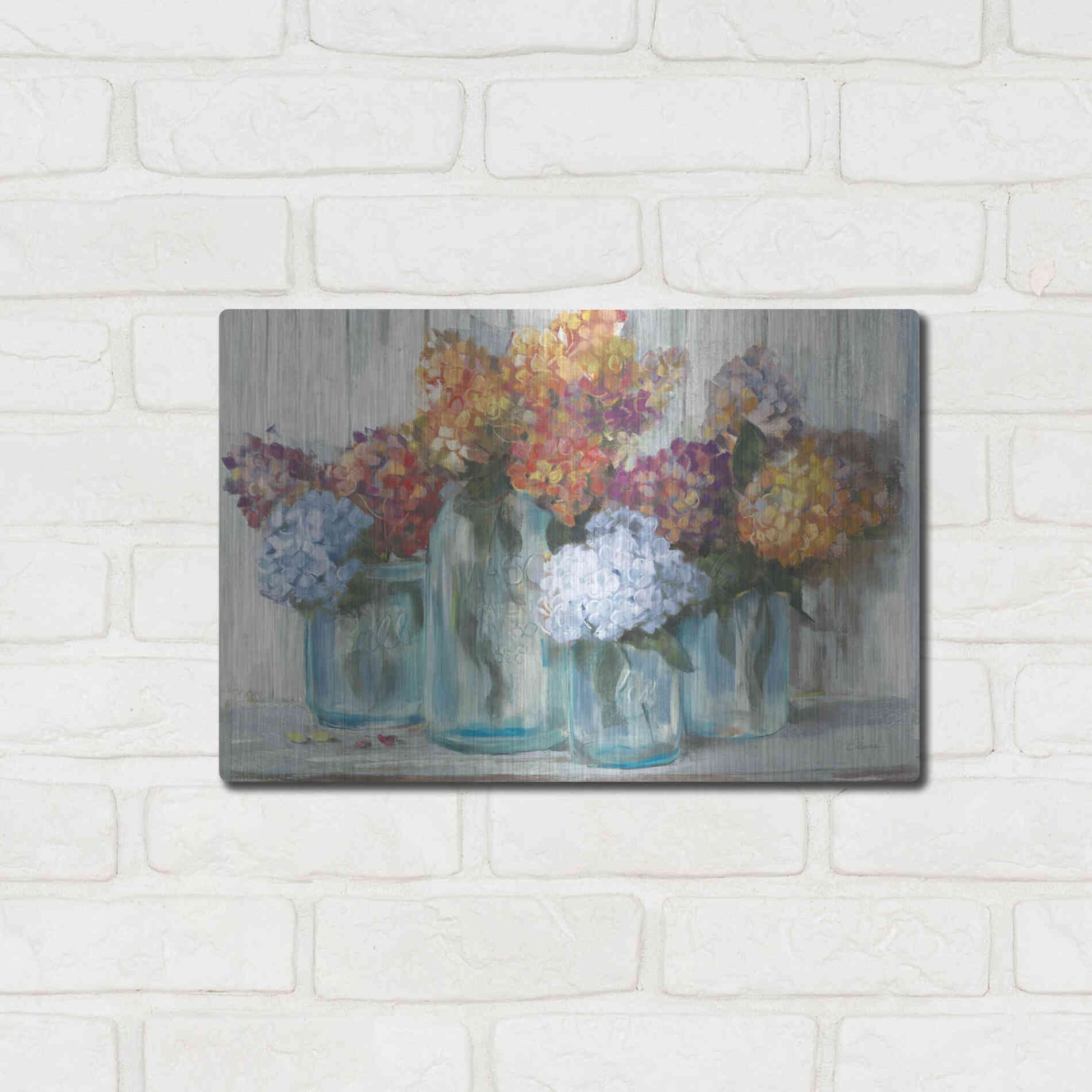 Luxe Metal Art 'Fall Hydrangeas In Glass Jar Crop' by Carol Rowan, Metal Wall Art,16x12