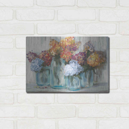 Luxe Metal Art 'Fall Hydrangeas In Glass Jar Crop' by Carol Rowan, Metal Wall Art,16x12