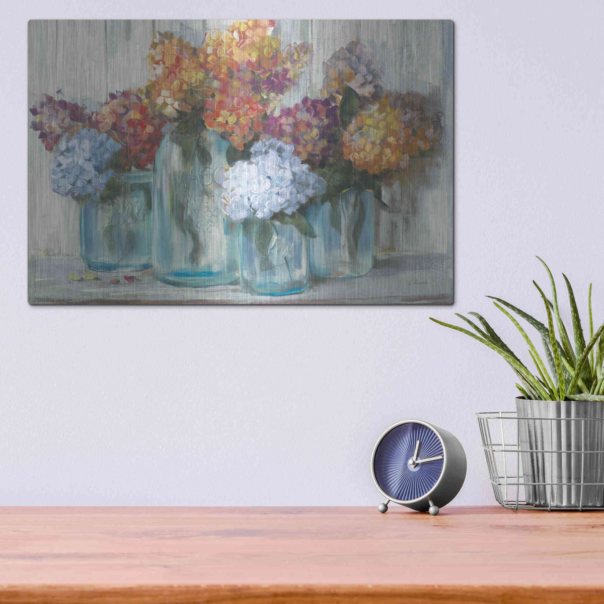 Luxe Metal Art 'Fall Hydrangeas In Glass Jar Crop' by Carol Rowan, Metal Wall Art,16x12