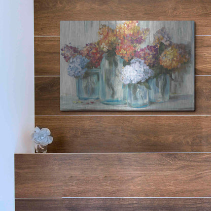 Luxe Metal Art 'Fall Hydrangeas In Glass Jar Crop' by Carol Rowan, Metal Wall Art,16x12