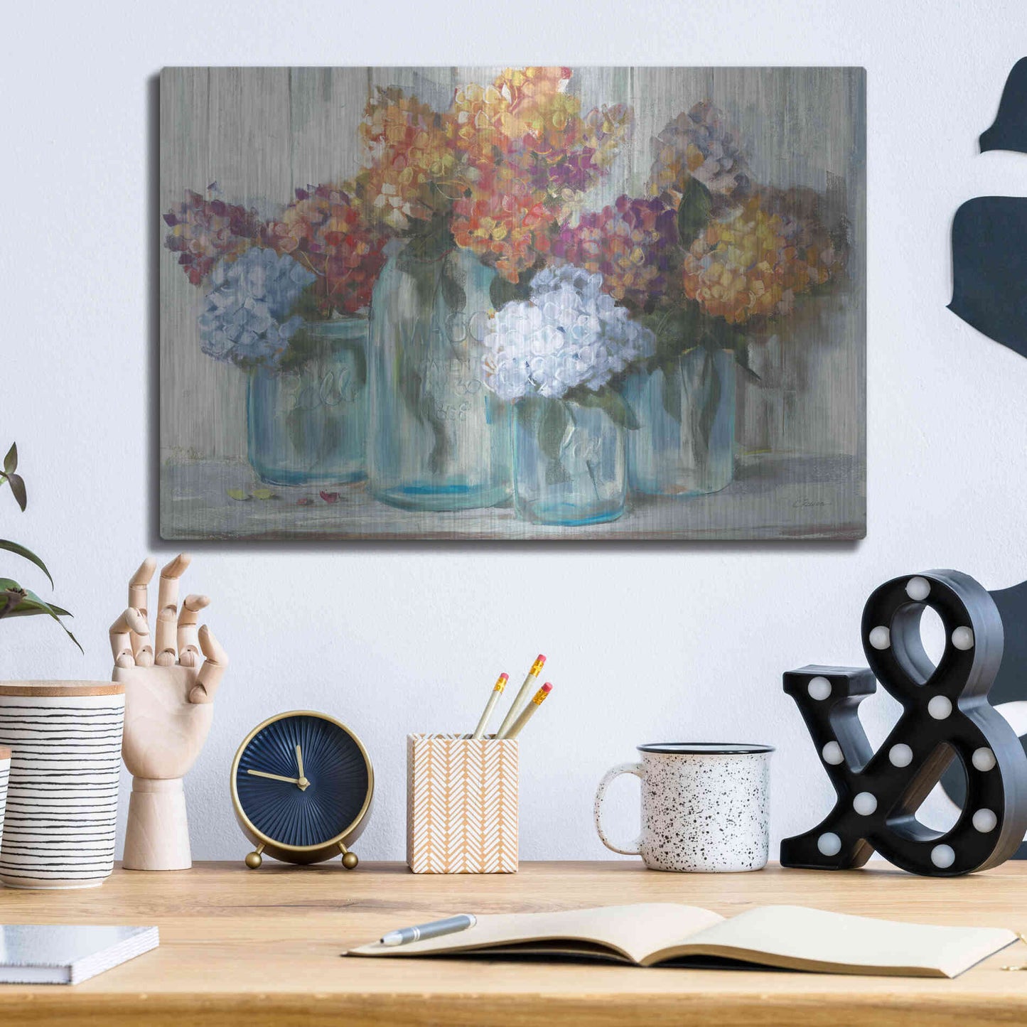 Luxe Metal Art 'Fall Hydrangeas In Glass Jar Crop' by Carol Rowan, Metal Wall Art,16x12