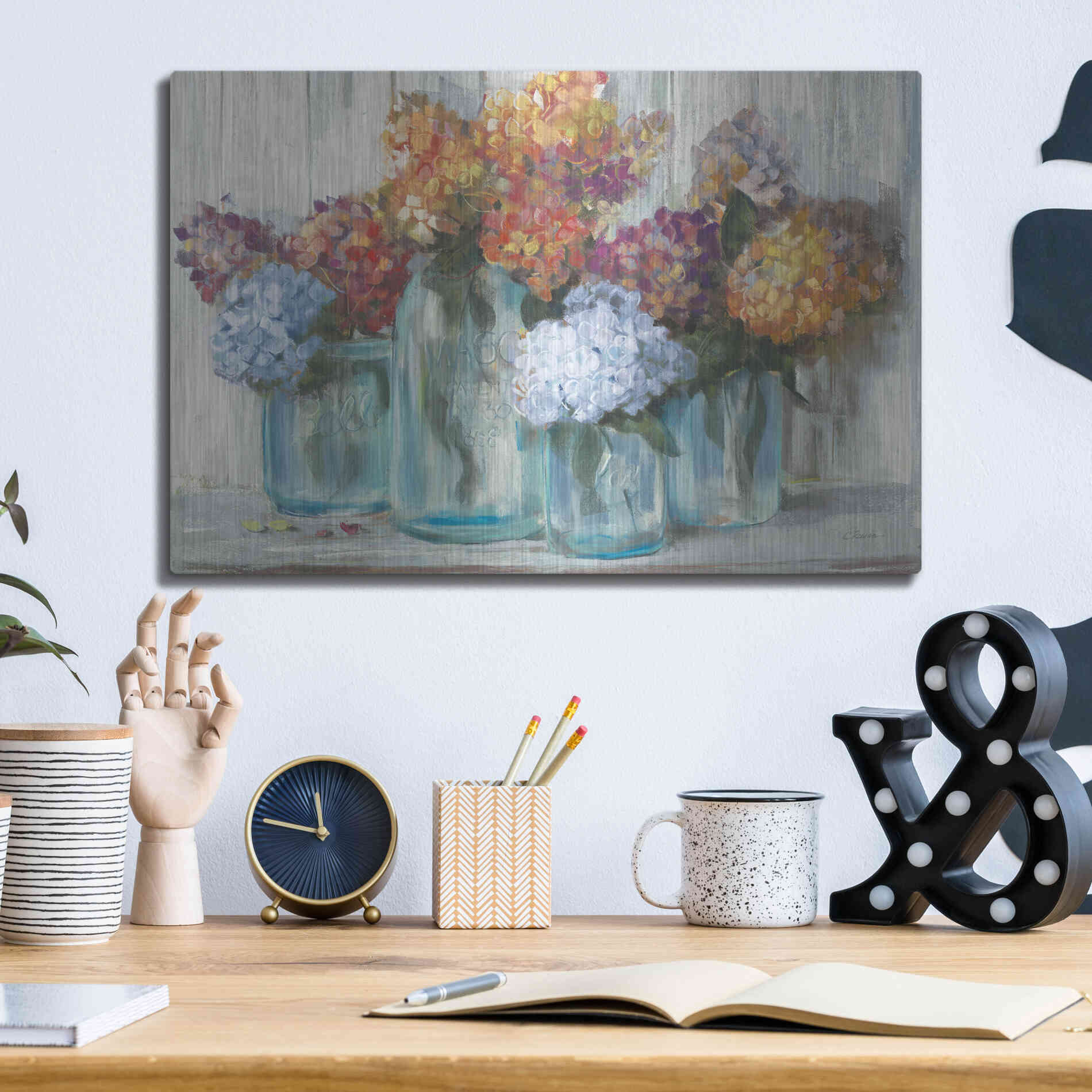 Luxe Metal Art 'Fall Hydrangeas In Glass Jar Crop' by Carol Rowan, Metal Wall Art,16x12