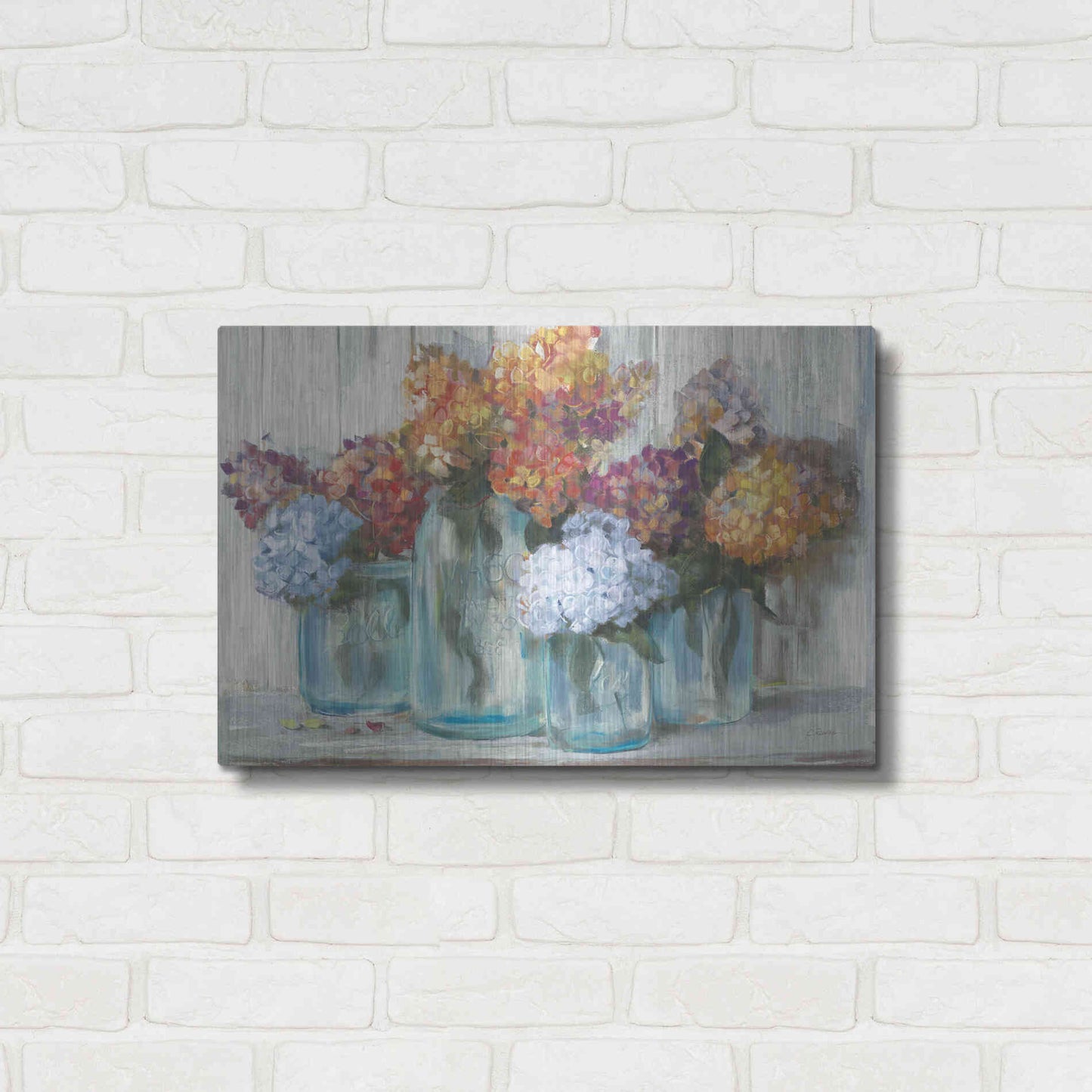 Luxe Metal Art 'Fall Hydrangeas In Glass Jar Crop' by Carol Rowan, Metal Wall Art,24x16