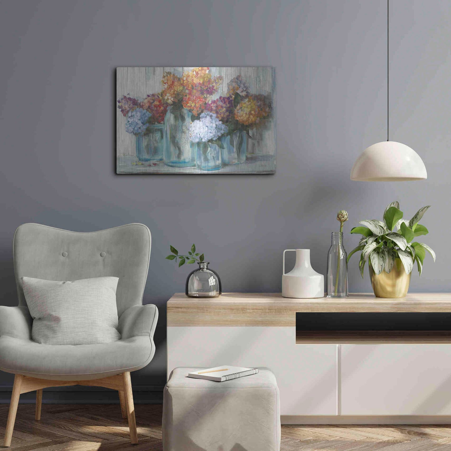 Luxe Metal Art 'Fall Hydrangeas In Glass Jar Crop' by Carol Rowan, Metal Wall Art,24x16