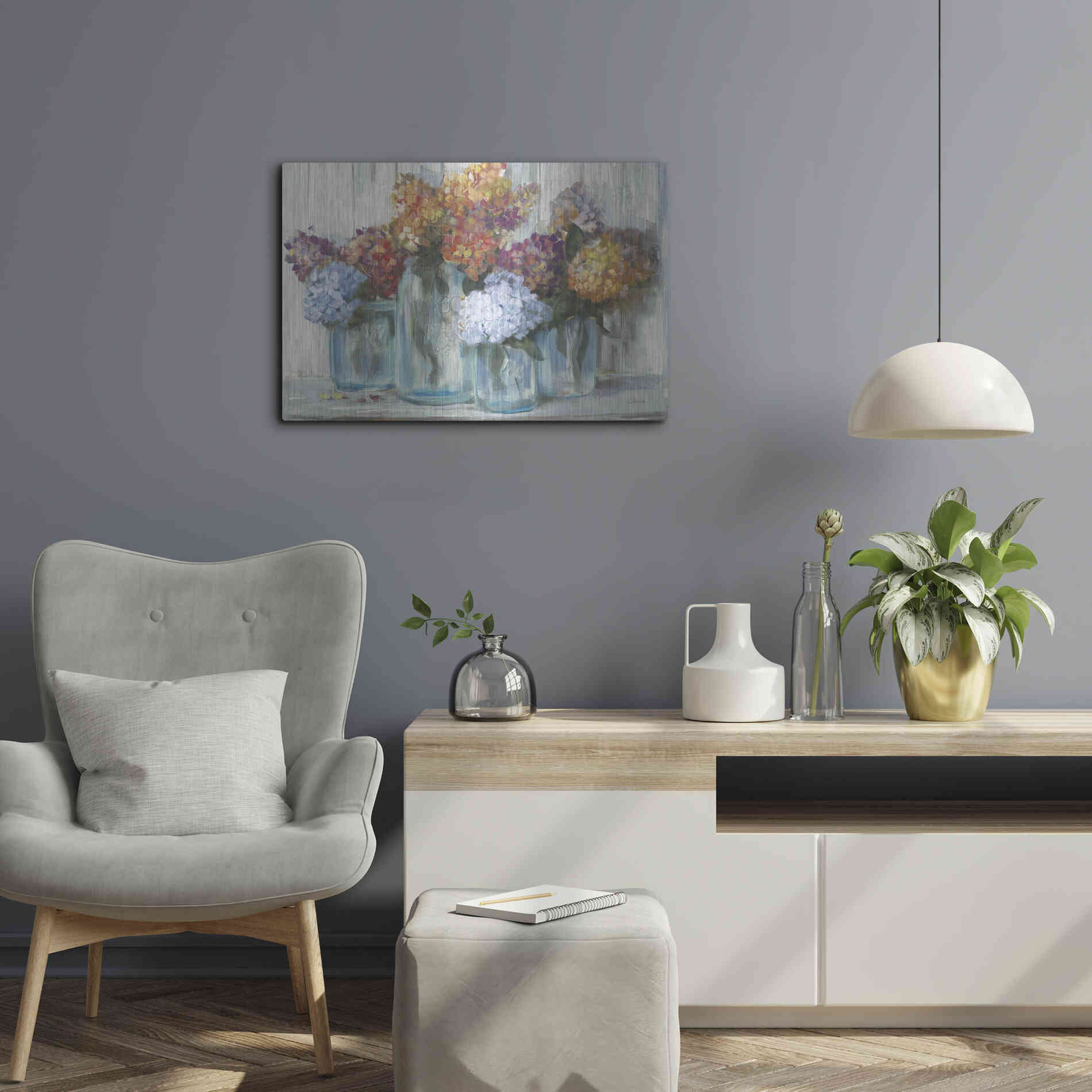 Luxe Metal Art 'Fall Hydrangeas In Glass Jar Crop' by Carol Rowan, Metal Wall Art,24x16