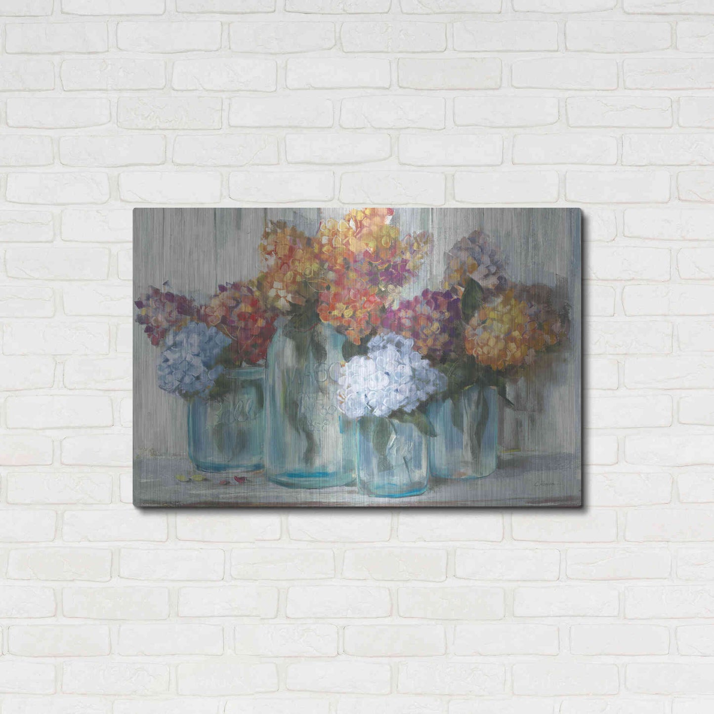 Luxe Metal Art 'Fall Hydrangeas In Glass Jar Crop' by Carol Rowan, Metal Wall Art,36x24