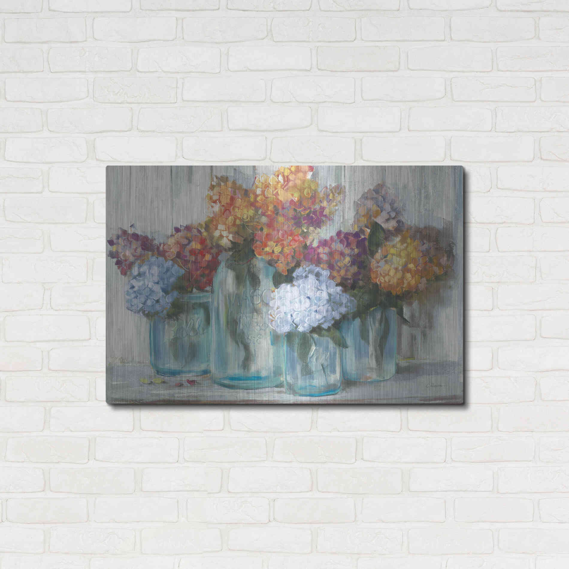 Luxe Metal Art 'Fall Hydrangeas In Glass Jar Crop' by Carol Rowan, Metal Wall Art,36x24